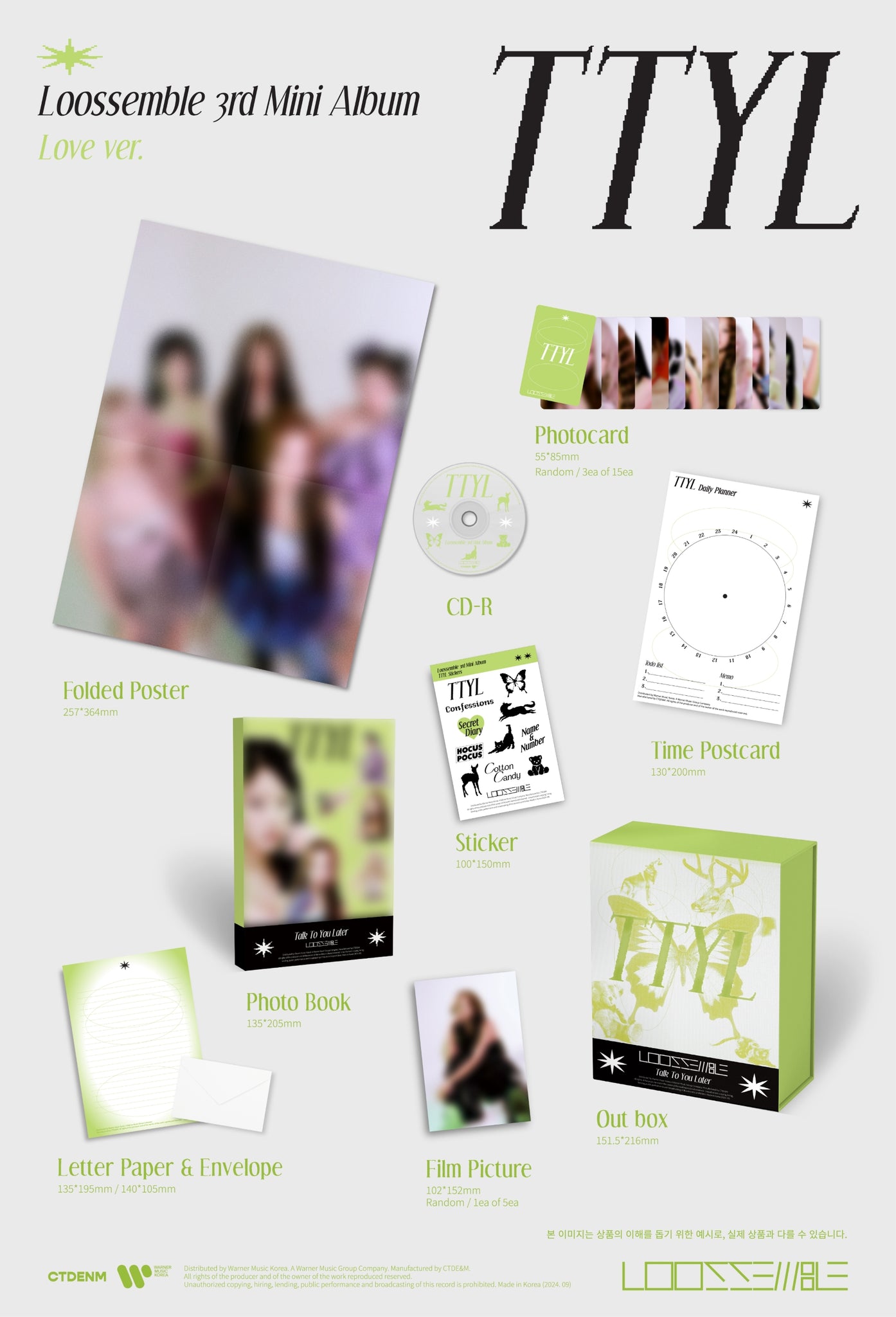 Loossemble 3rd Mini Album TTYL Inclusions: Out Box, Photobook, CD, Sticker, Time Postcard, Letter Envelope, Letter Paper, Photocards, Film Picture, Folded Poster