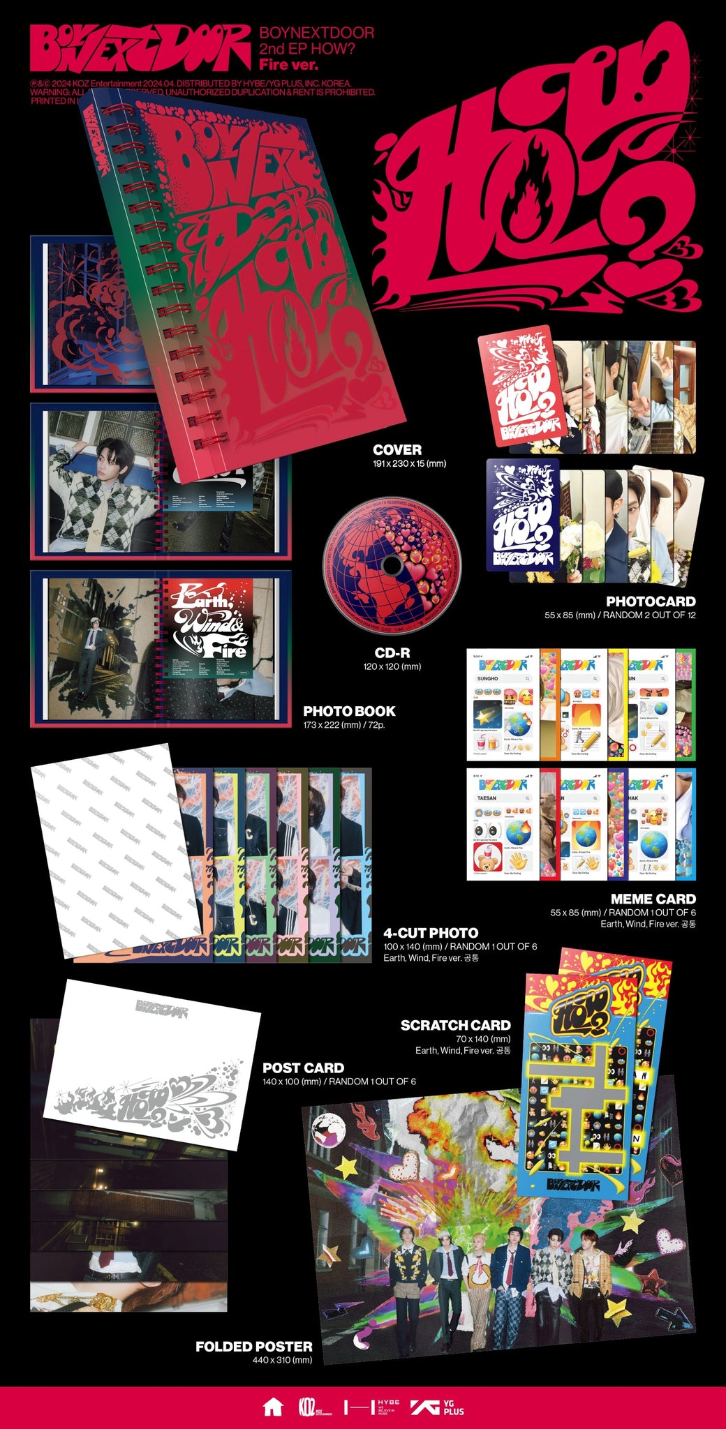 BOYNEXTDOOR 2nd EP Album HOW? - Fire Version Inclusions: Cover, Photobook, CD, Postcard, Meme Card, Photocards, 4Cut Photo, Scratch Card, Folded Poster