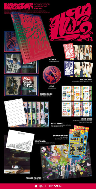 BOYNEXTDOOR 2nd EP Album HOW? - Fire Version Inclusions: Cover, Photobook, CD, Postcard, Meme Card, Photocards, 4Cut Photo, Scratch Card, Folded Poster