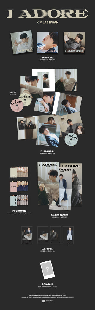 Kim Jae Hwan 7th Mini Album I Adore Inclusions: Digipack, Photobook, CD, Photocards, Folded Poster, Lyric Film, 1st Press Only Polaroid