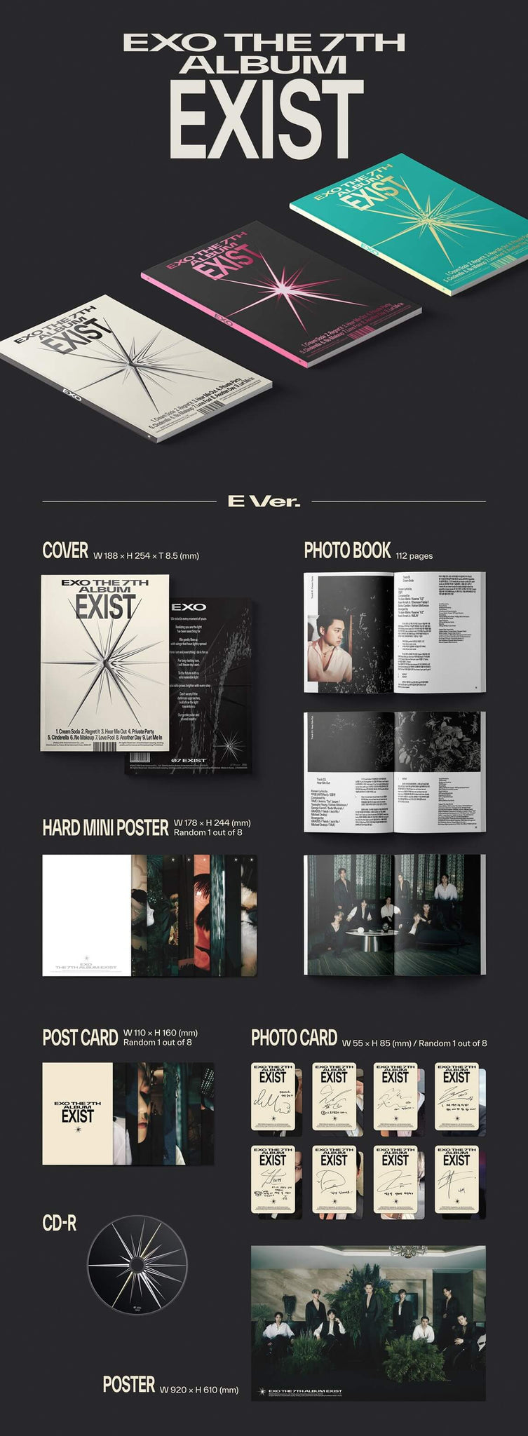 EXO EXIST - E Version Inclusions Cover Photobook CD Postcard Photocard Hard Mini Poster 1st Press Only Poster