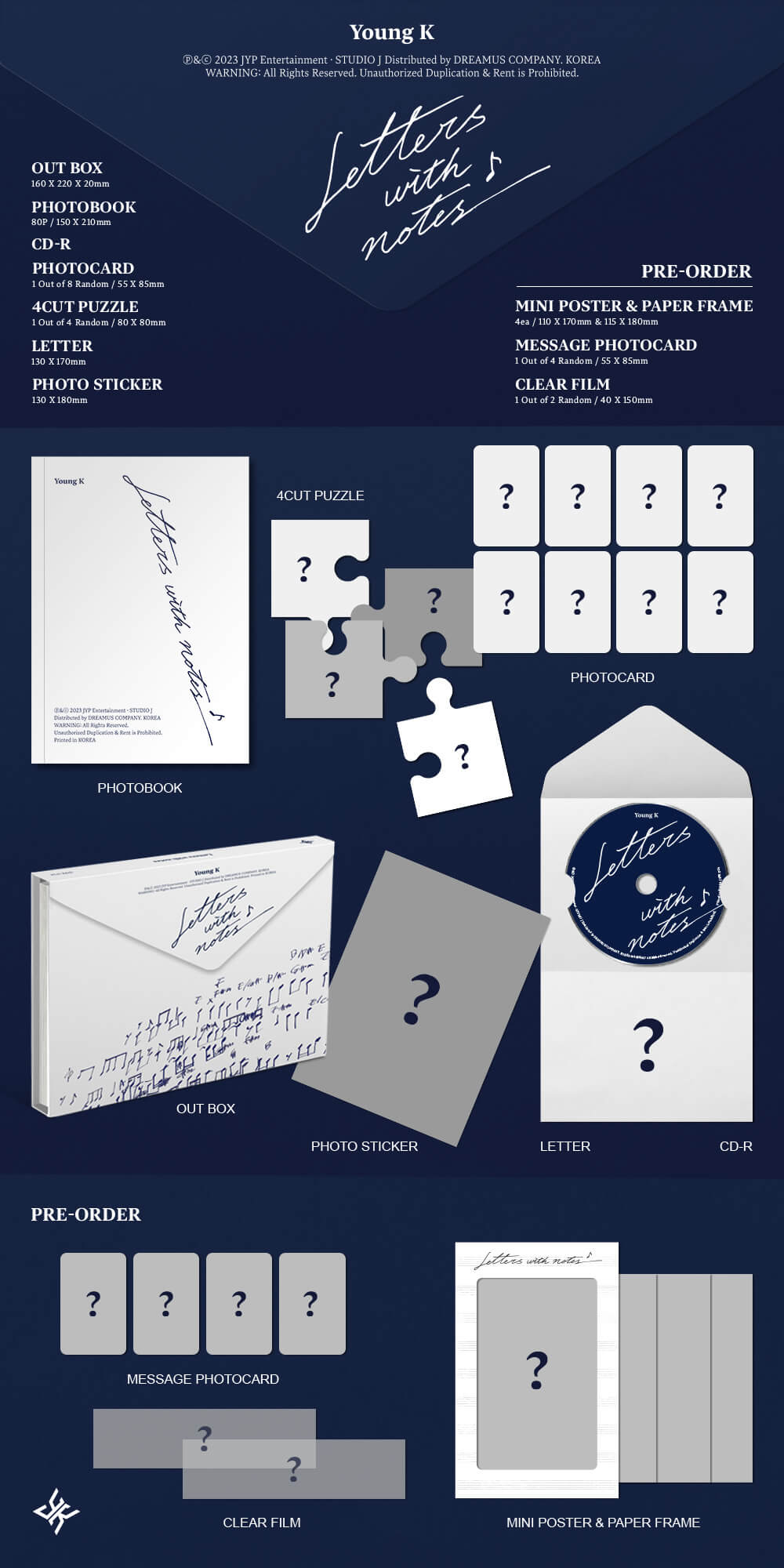Young K Letters with notes Inclusions Out Box Photobook CD Photocard 4Cut Puzzle Letter Photo Sticker Pre-order Only Mini Poster Paper Frame Message Photocard Clear Film