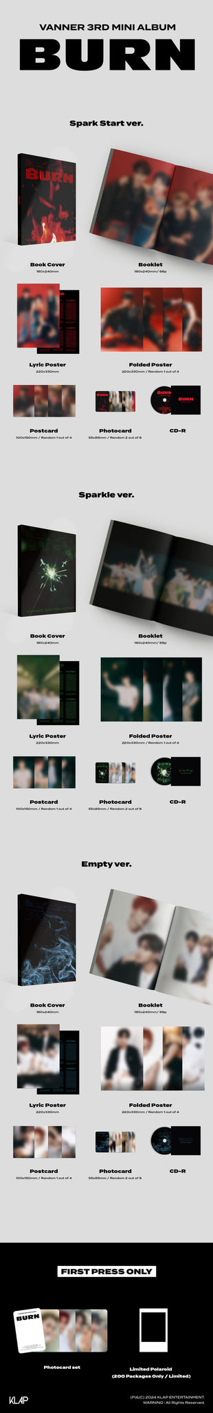 VANNER 3rd Mini Album BURN - Inclusions: Book Cover, Booklet, CD, Lyric Poster, Folded Poster, Postcard, Photocards, 1st Press Only Photocard Set, Limited Polaroid