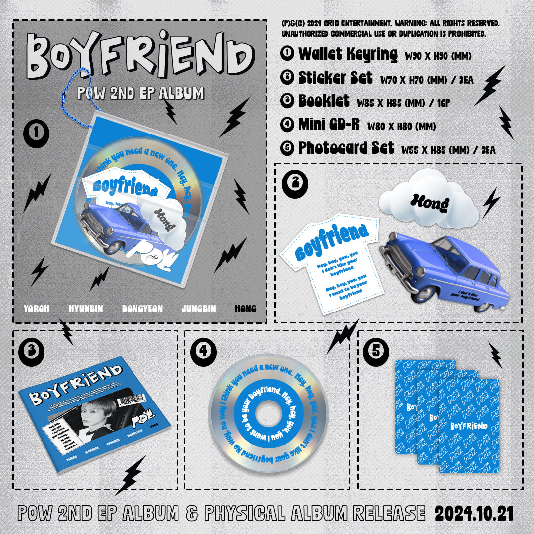 POW 2nd EP Album BOYFRIEND Inclusions: PVC Wallet Keyring, Booklet, Mini CD, Sticker Set, Photocard Set