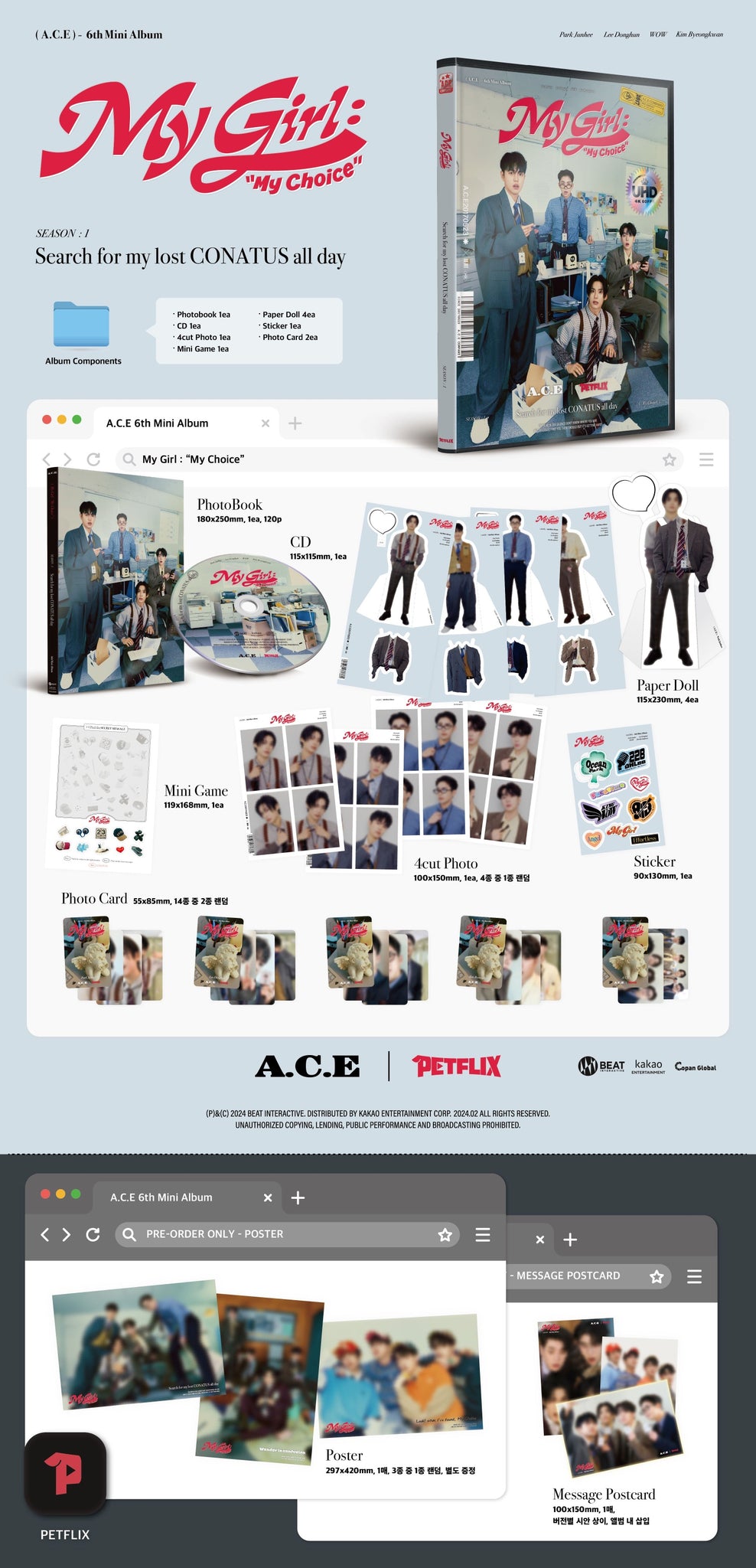 A.C.E My Girl : “My Choice” Inclusions Photobook CD Paper Dolls Mini Game 4Cut Photo Sticker Photocards Pre-order Poster Message Card