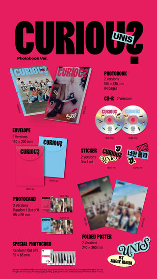 UNIS 1st Single Album CURIOUS - Photobook Version Inclusions: Photobook, CD, Envelope, Sticker Set, Photocard, Special Photocard, Folded Poster