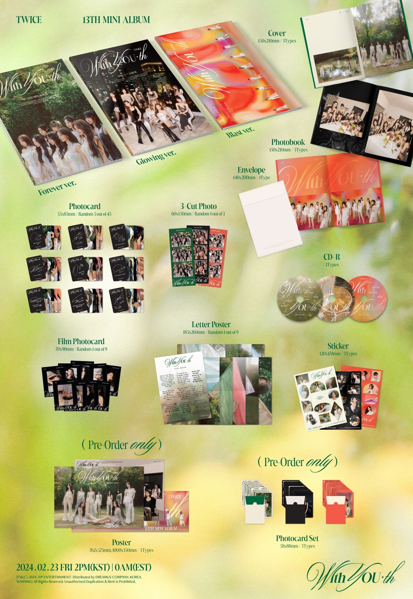 TWICE With YOU-th Inclusions Cover Photobook CD Envelope 3Cut Photo Sticker Photocards Film Photocard Letter Poster 1st Press Photocard Set Poster