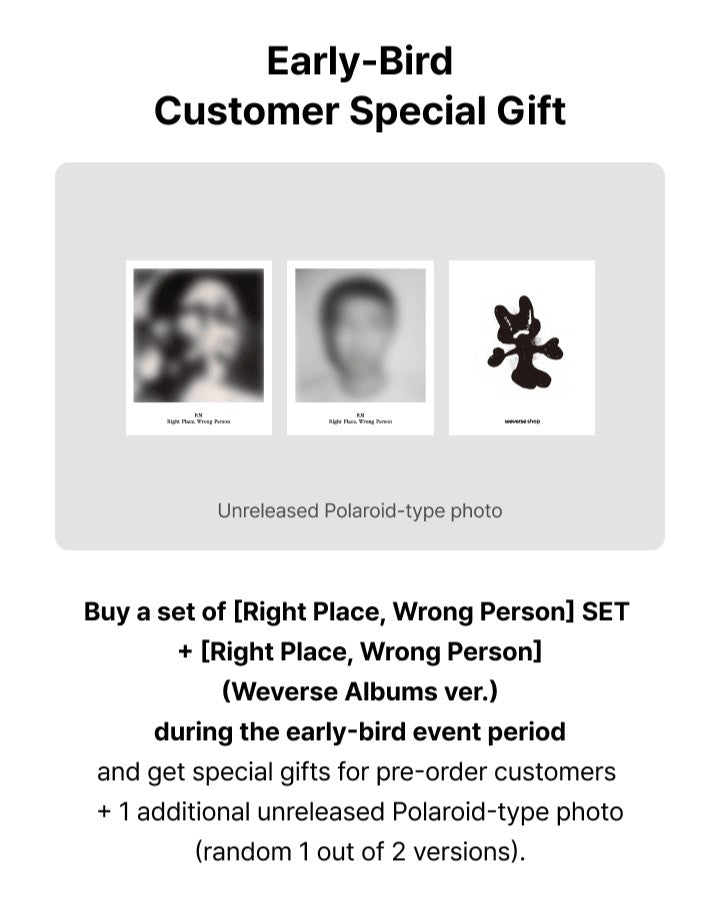 RM (BTS) 2nd Solo Album Right Place, Wrong Person Weverse Early Bird Benefits: Logo Card Mirror, Photo, Logo Mini Pocket File, Polaroid-type Photo