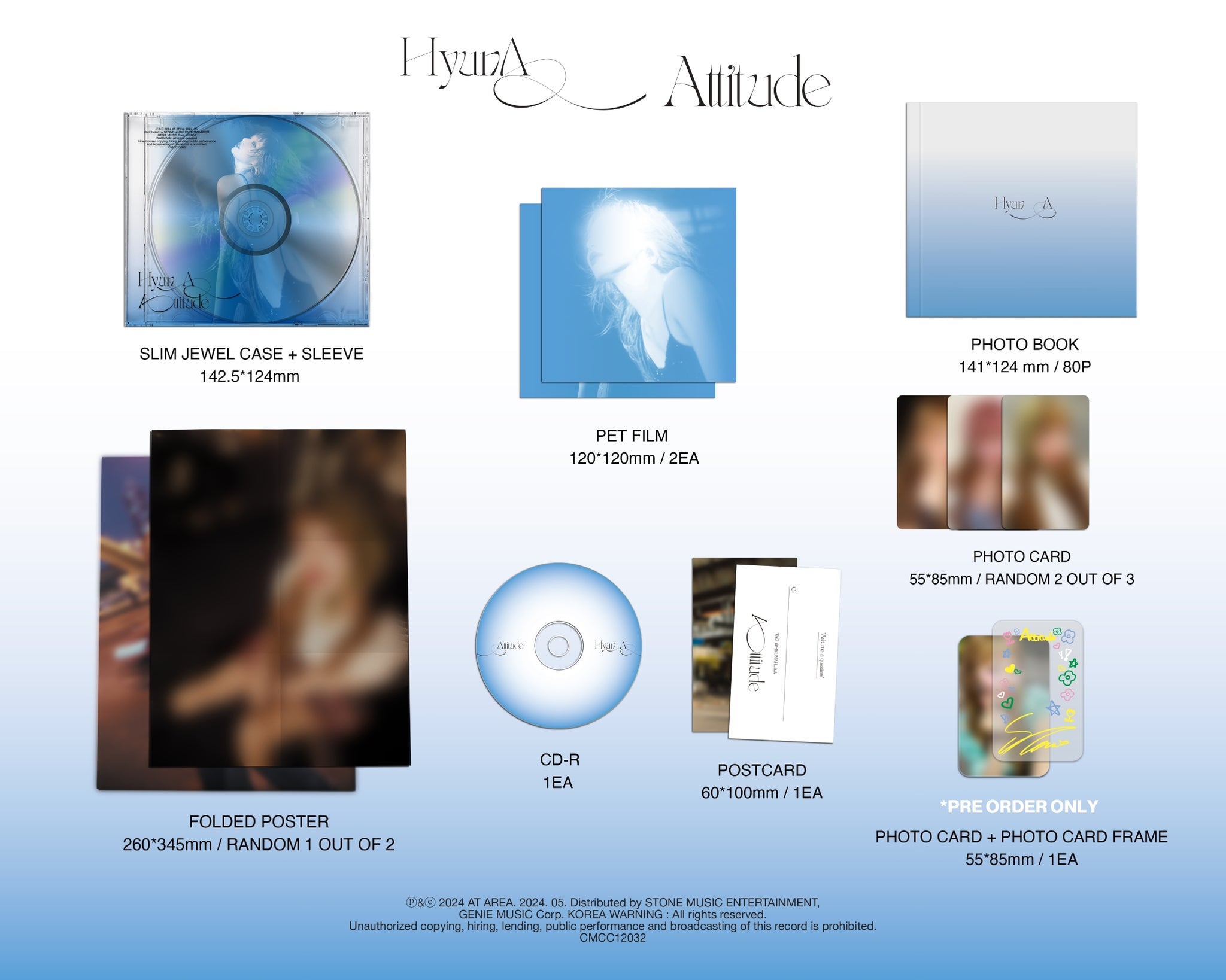 HyunA EP Album Attitude Inclusions: Slim Jewel Case + Sleeve, PET Film, Photobook, CD, Postcard, Photocards, Folded Poster, Pre-order Only Photocard + Frame