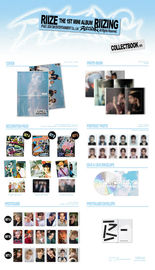 RIIZE 1st Mini Album RIIZING - Collect Book Version Inclusions: Cover, Photobook, CD & Envelope, Decoration Pack (Stickers, Mini Postcards, Portrait Photo), Photocard Envelope, Photocard Set