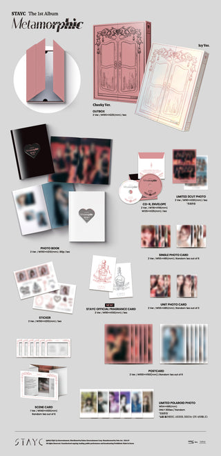 STAYC 1st Full Album Metamorphic Inclusions: Out Box, Photobook, CD & Envelope, Single Photocard, Unit Photocard, Stickers, STAYC Official Fragrance Card, Scene Card, Postcard, 1st Press Limited 2Cut Photo, Limited Polaroid Photo