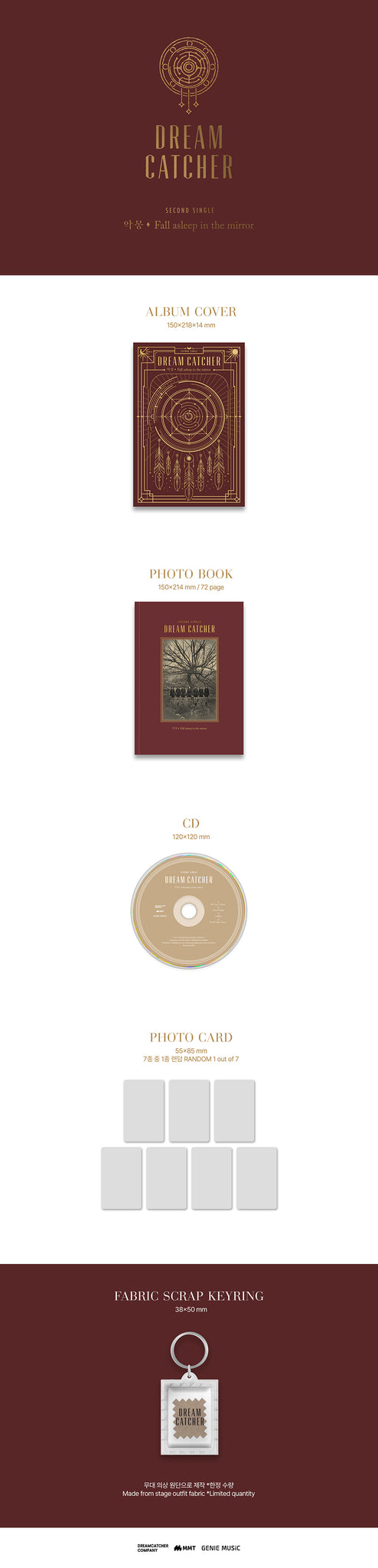 Dreamcatcher 2nd Single Album Fall asleep in the mirror (Reissue) Inclusions: Album Cover, Photobook, CD, Photocard, 1st Press Only Fabric Scrap Keyring