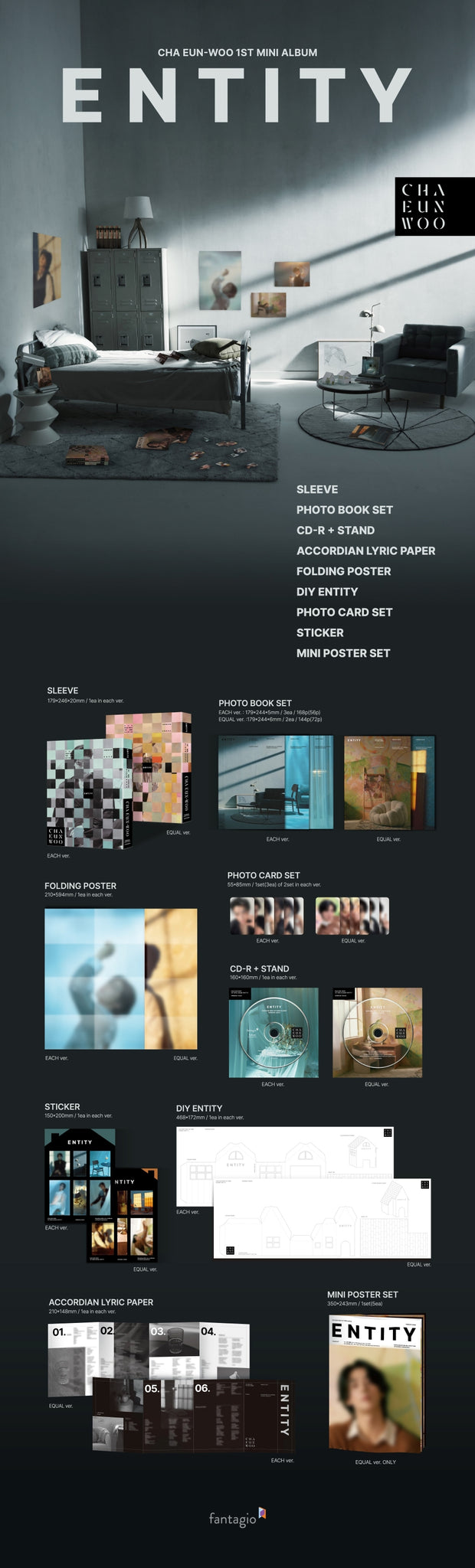 Cha Eun-woo 1st Mini Album ENTITY Inclusions Sleeve Photobook Set CD + Stand Accordion Lyric Paper DIY Entity Folding Poster Sticker Photocards Mini Poster Set