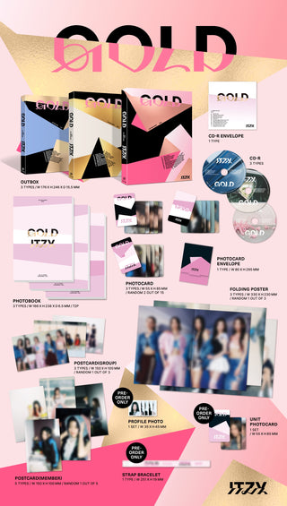 ITZY 9th Mini Album GOLD - Standard Version Inclusions: Out Box, Photobook, CD & Envelope, Photocards & Envelope, Group Postcard, Member Postcard, Folding Poster, Pre-order Only Profile Photo Set, Unit Photocard Set, Strap Bracelet