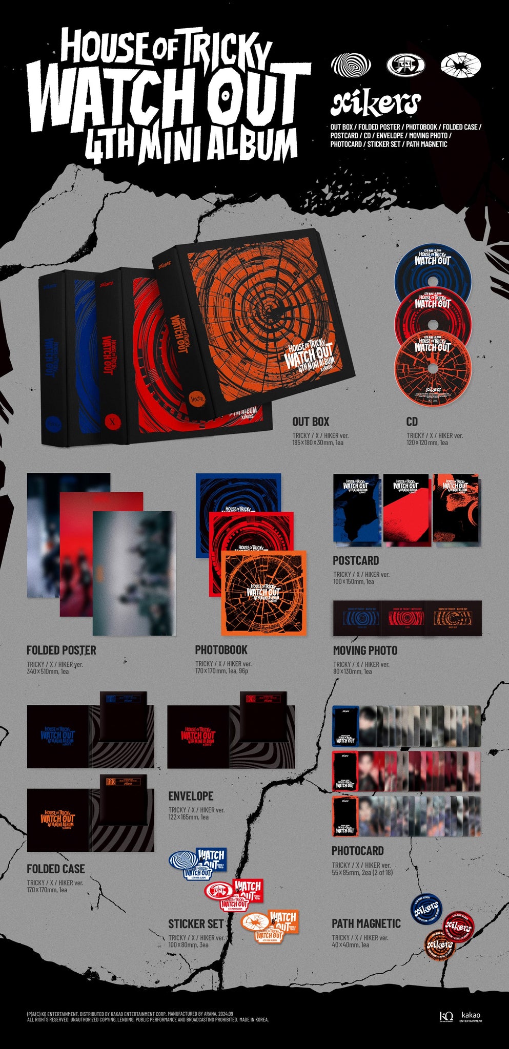 xikers 4th Mini Album HOUSE OF TRICKY : WATCH OUT - TRICKY / X / HIKER Version Inclusions: Out Box, Photobook, CD, Folded Poster, Postcard, Moving Photo, Folded Case, Envelope, Photocards, Sticker Set, Path Magnetic