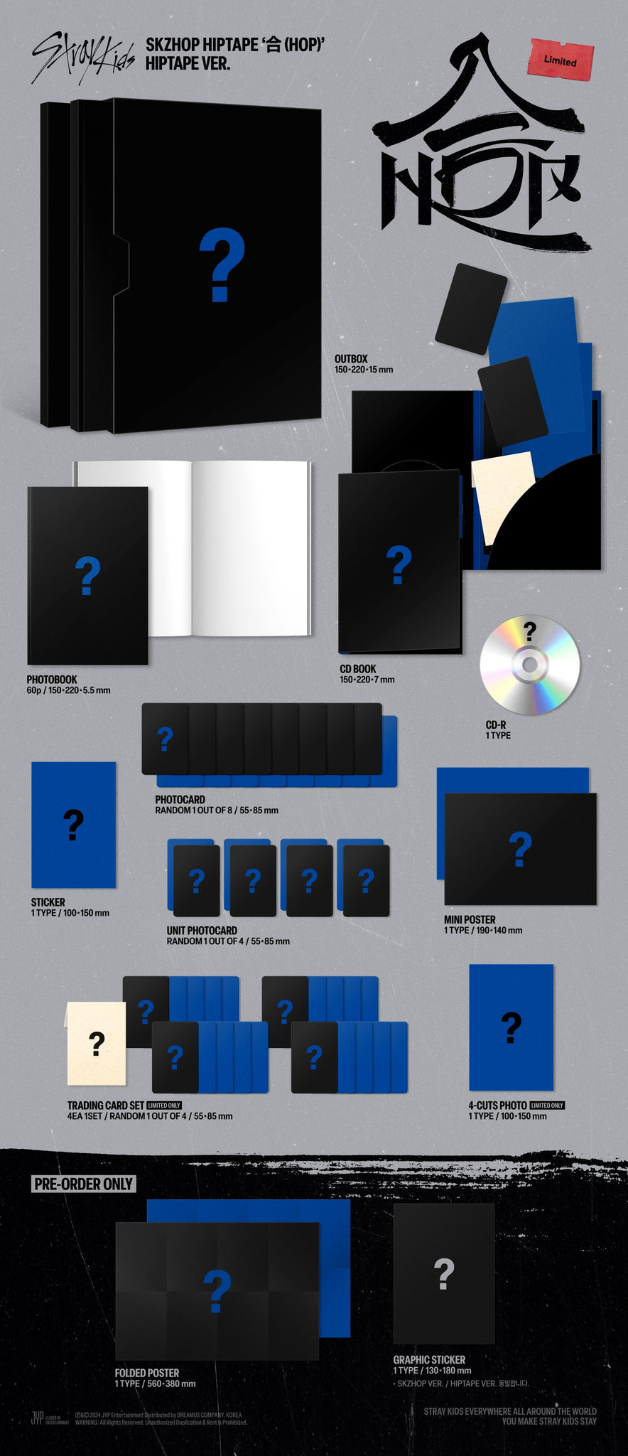 Stray Kids - SKZHOP HIPTAPE 合 (HOP) (Limited Edition) - HIPTAPE Version Inclusions: Out Box, Photobook, CD Book & CD, Photocard, Unit Photocard, Stickers, Mini Poster, Trading Card Set, 4-Cuts Photo, Pre-order Only Folded Poster, Graphic Stickers