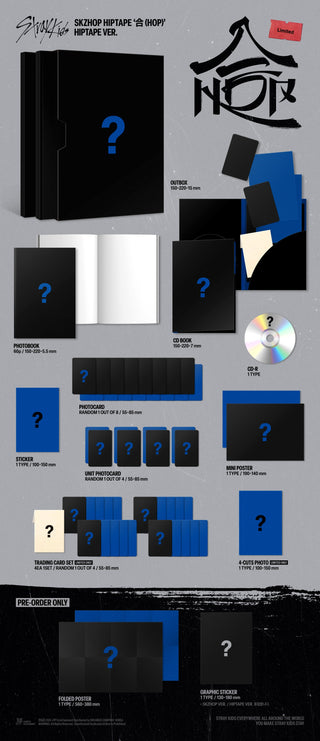 Stray Kids - SKZHOP HIPTAPE 合 (HOP) (Limited Edition) - HIPTAPE Version Inclusions: Out Box, Photobook, CD Book & CD, Photocard, Unit Photocard, Stickers, Mini Poster, Trading Card Set, 4-Cuts Photo, Pre-order Only Folded Poster, Graphic Stickers