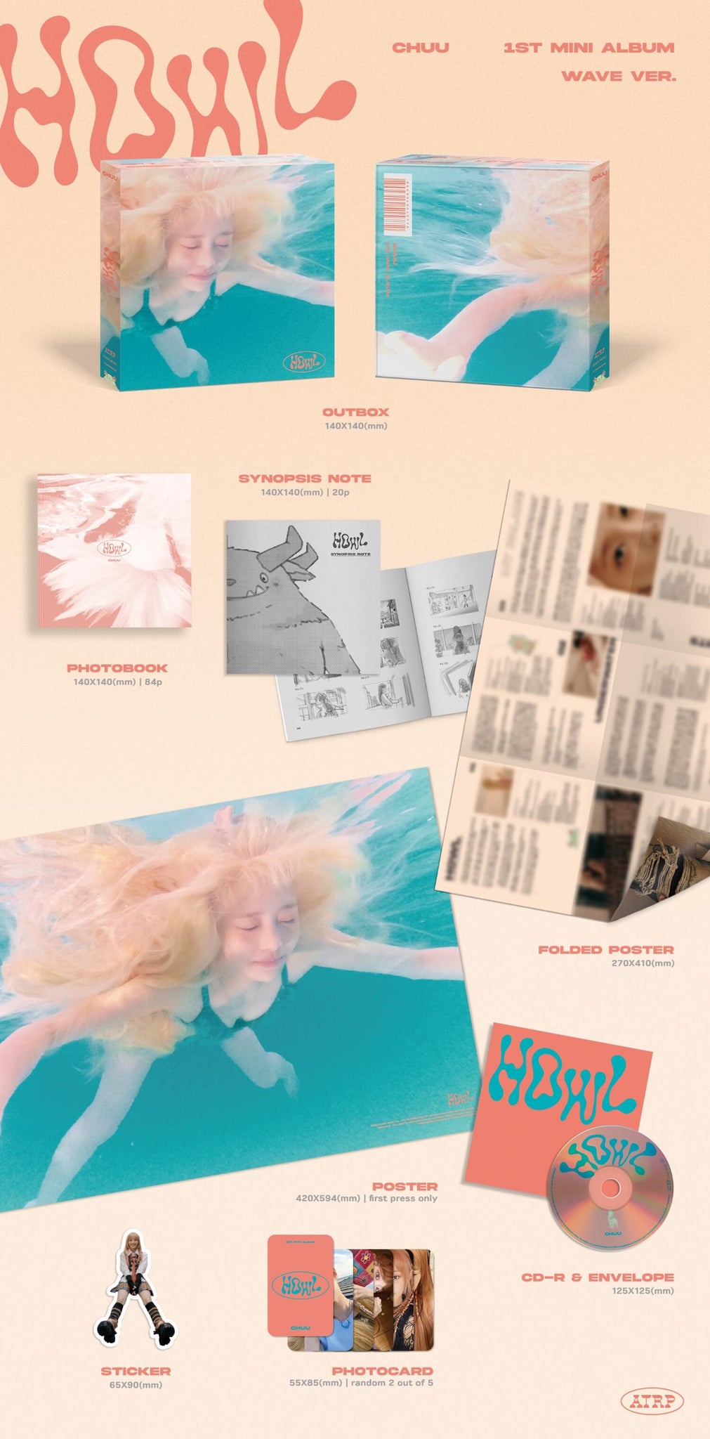Chuu 1st Mini Album Howl WAVE Inclusions Out Box Photobook Synopsis Note CD Envelope Photocards Sticker Folded Poster 1st Press Poster