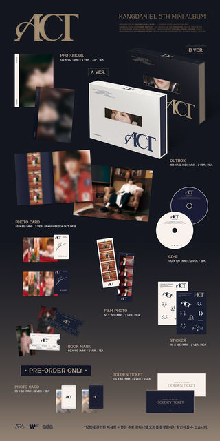 Kang Daniel 5th Mini Album ACT Inclusions: Out Box, Photobook, CD, Photocards, Film Photo, Bookmark, Stickers, Pre-order Only Photocard, Golden Ticket