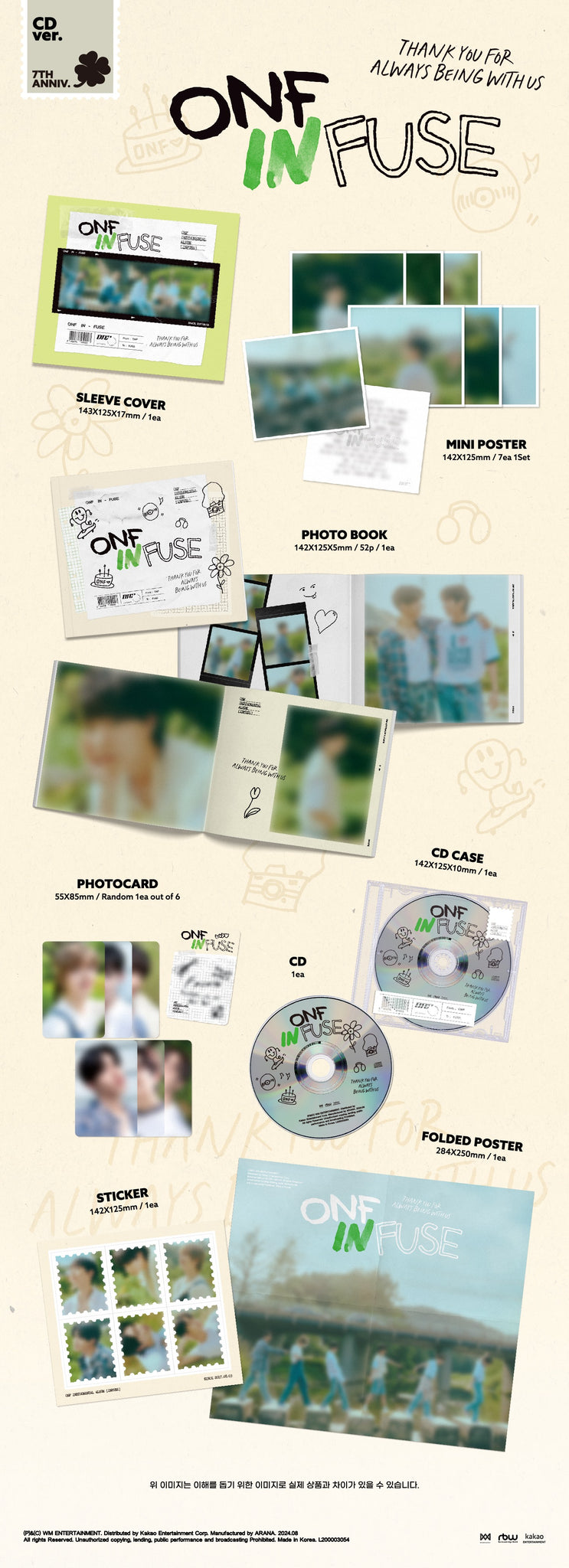 ONF Instrumental Album INFUSE - CD Version Inclusions: Sleeve Cover, Photobook, CD & Case, Mini Poster Set, Photocard, Stickers, Folded Poster