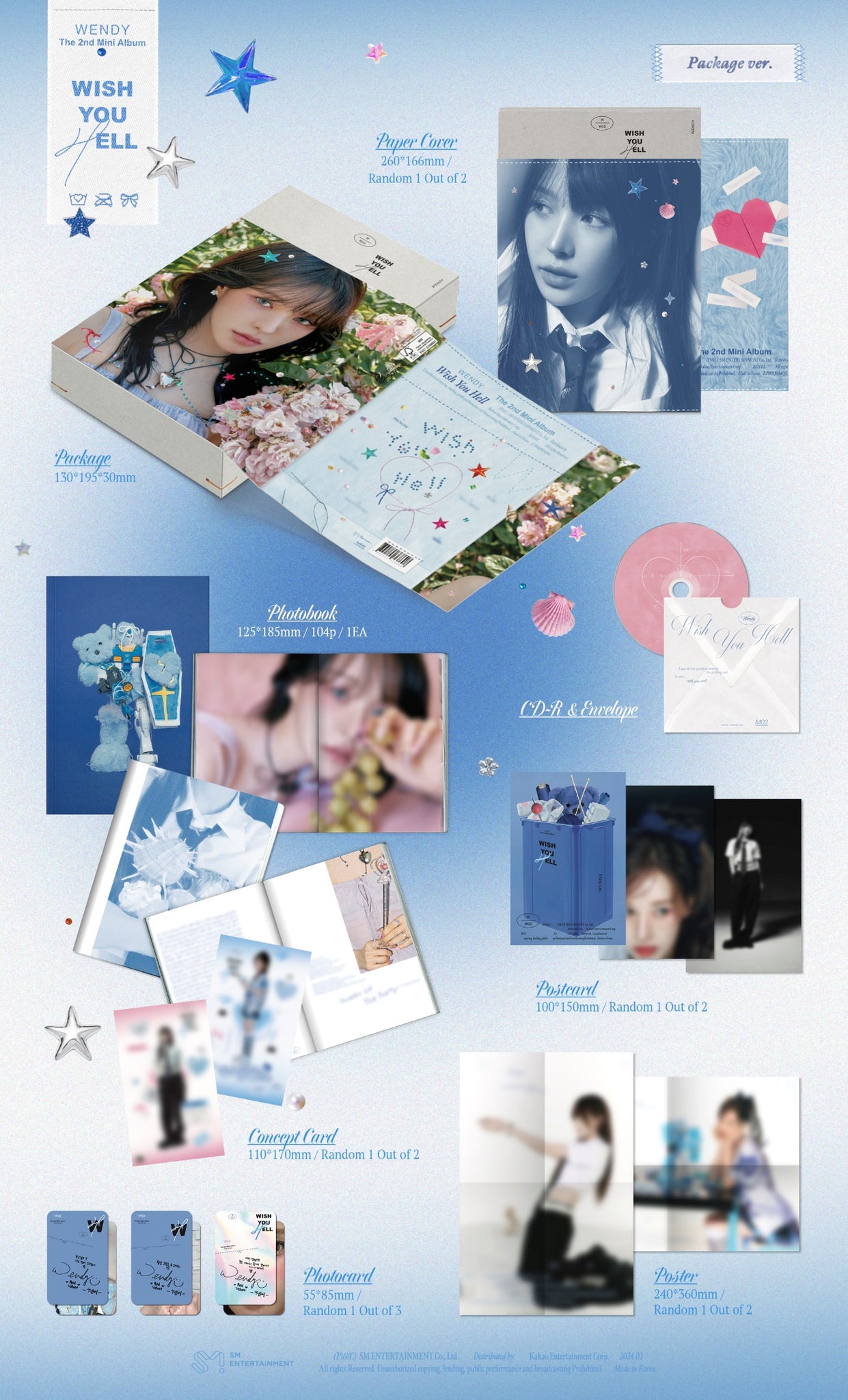 Wendy (Red Velvet) 2nd Mini Album Wish You Hell - Package Version Inclusions Paper Cover, Package, Photobook, CD & Envelope, Concept Card, Postcard, Photocard, Folded Poster