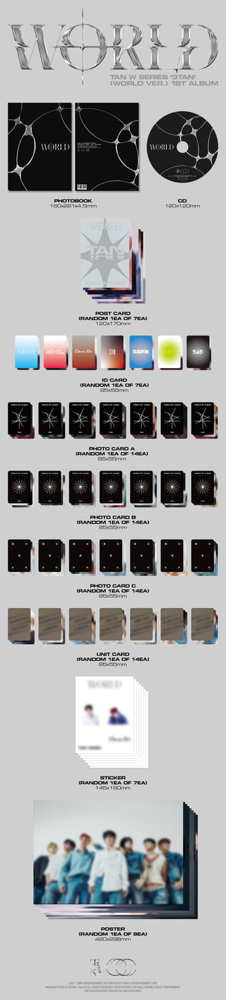 TAN 1st Full Album W SERIES 3TAN (WORLD Ver.) 1ST ALBUM Inclusions: Photobook, CD, Postcard, ID Card, Photocard A, Photocard B, Photocard C, Unit Card, Sticker, Poster