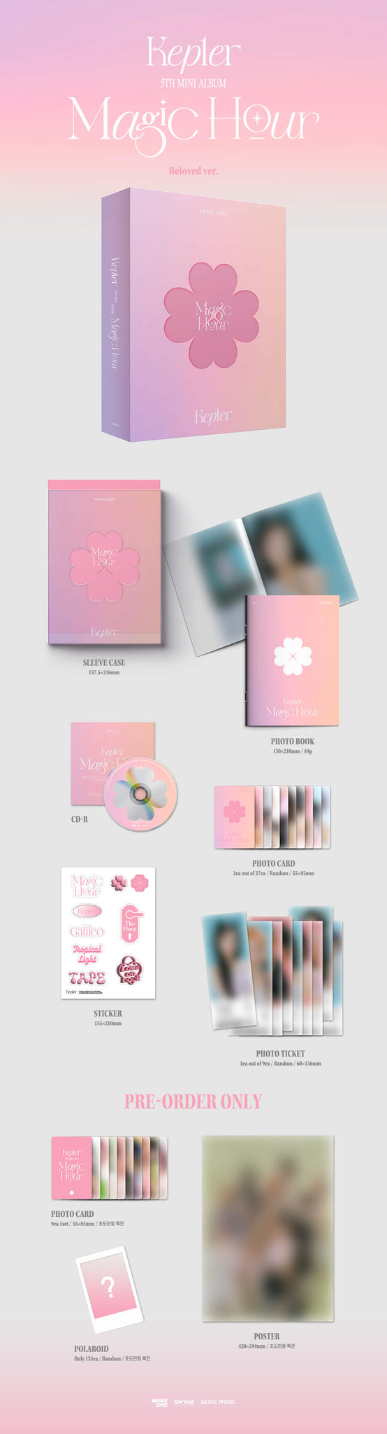 Kep1er Magic Hour Beloved Ver. Inclusions Sleeve Case Photobook CD Photocards Sticker Photo Ticket Pre-order Photocard Set Poster Limited Polaroid 