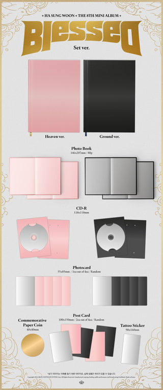 Ha Sung Woon 8th Mini Album Blessed - Photobook Version Inclusions: Photobook, CD, Photocard, Postcards, Tattoo Sticker, Commemorative Paper Coin