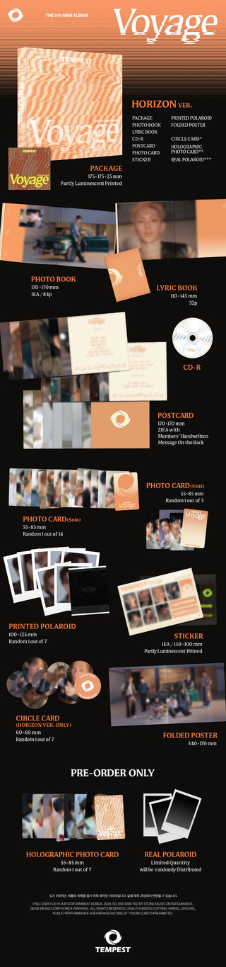TEMPEST 5th Mini Album TEMPEST Voyage - HORIZON Version Inclusions Package, Photobook, Lyric Book, CD, Postcard Set, Photocard, Unit Photocard, Printed Polaroid, Sticker, Circle Card, Folded Poster, Pre-order Only Holographic Photocard, Real Polaroid