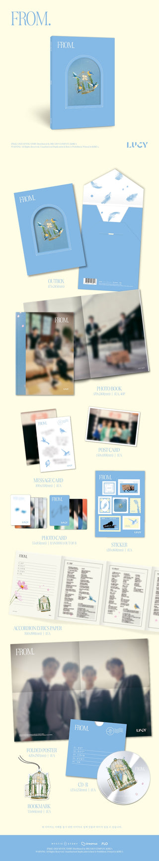 LUCY 5th Mini Album FROM. Inclusions: Out Box, Photobook, CD & Envelope, Message Card, Postcard, Photocard, Stickers, Accordion Lyrics Paper, Folded Poster