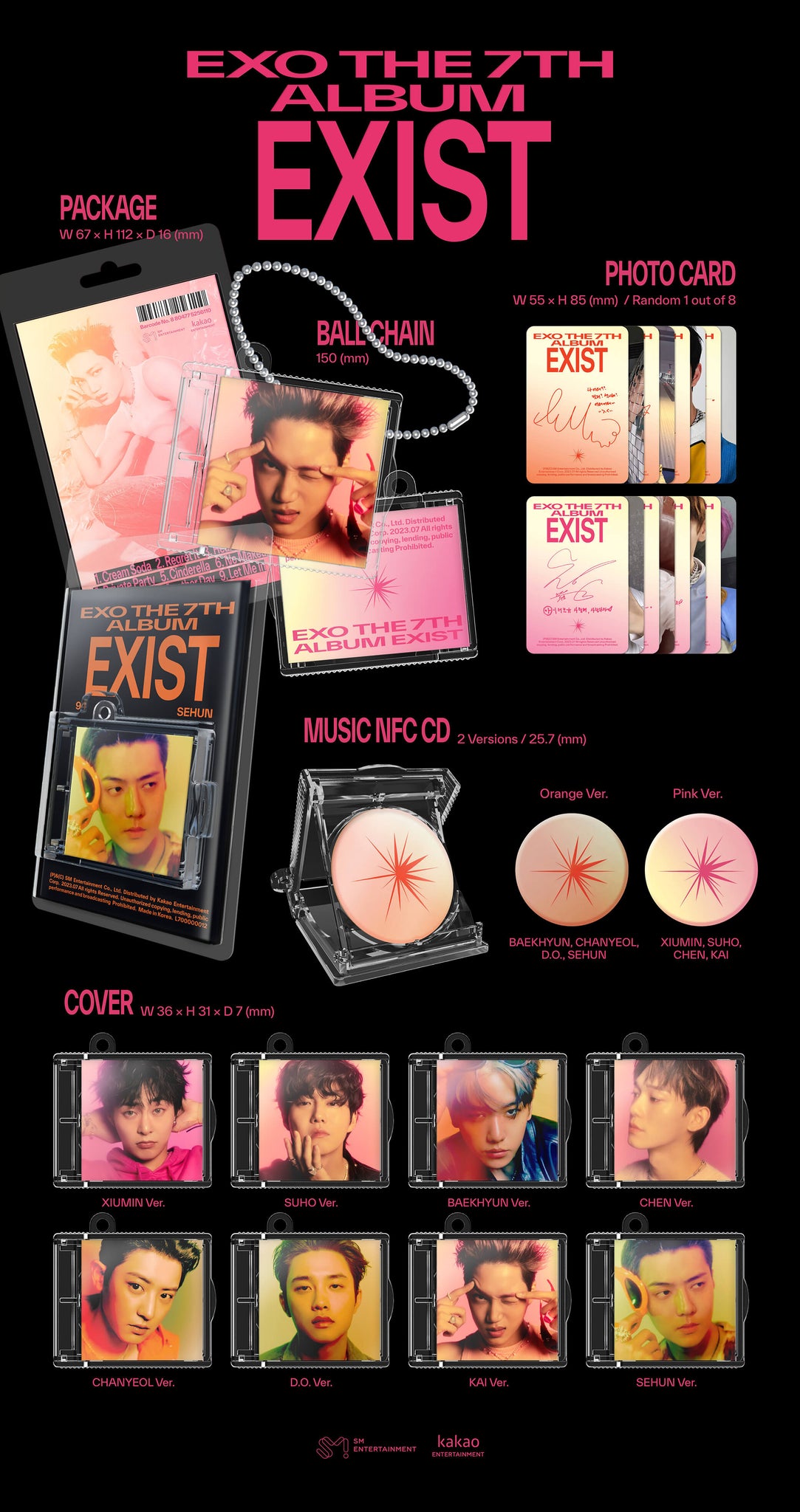 EXO 7th Full Album EXIST - SMini Version Inclusions Package SMini Case Music NFC CD Photocard Ball Chain