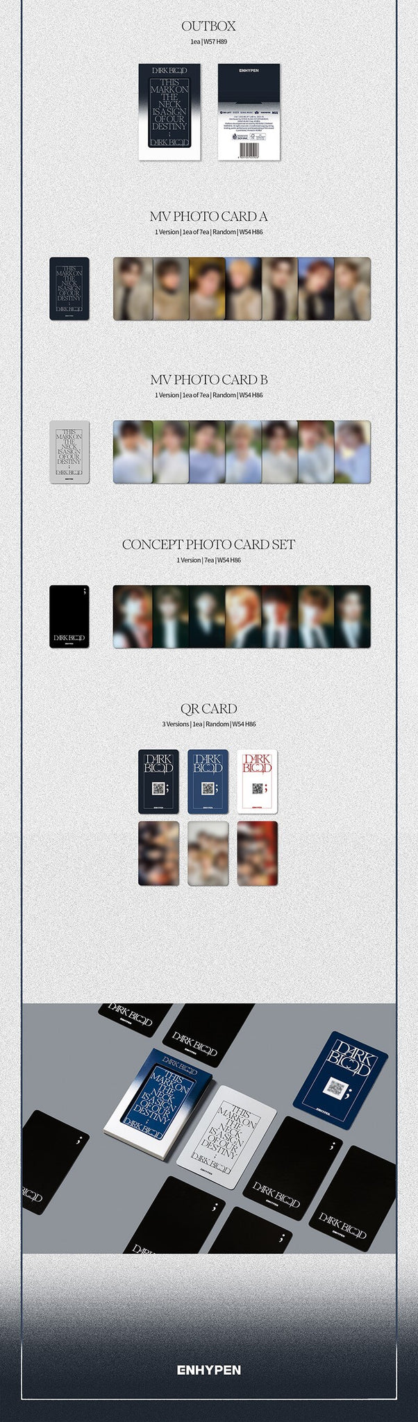 ENHYPEN DARK BLOOD - Weverse Albums Version Inclusions Out Box MV Photocard A MV Photocard B Concept Photocard Set QR Card 