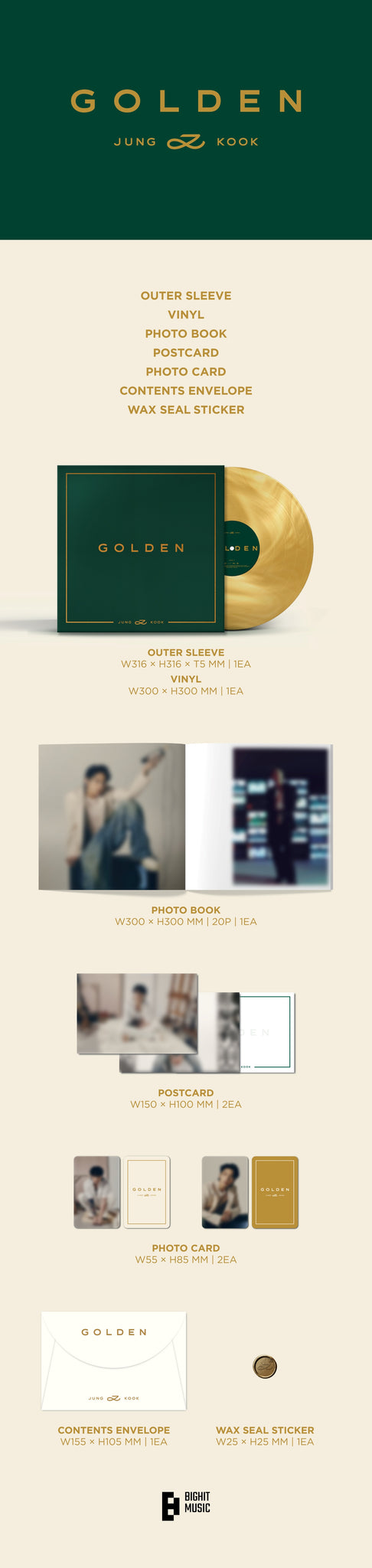 Jung Kook (BTS) Solo Album GOLDEN - Vinyl LP Inclusions: Outer Sleeve, Photobook, Vinyl LP, Postcard Set, Photocards, Contents Envelope, Wax Seal Sticker