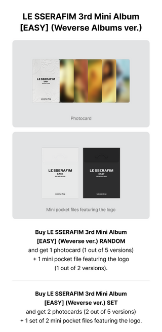 LE SSERAFIM 3rd Mini Album EASY - Weverse Albums Version Weverse Pre-order Inclusions Photocard Mini Pocket File
