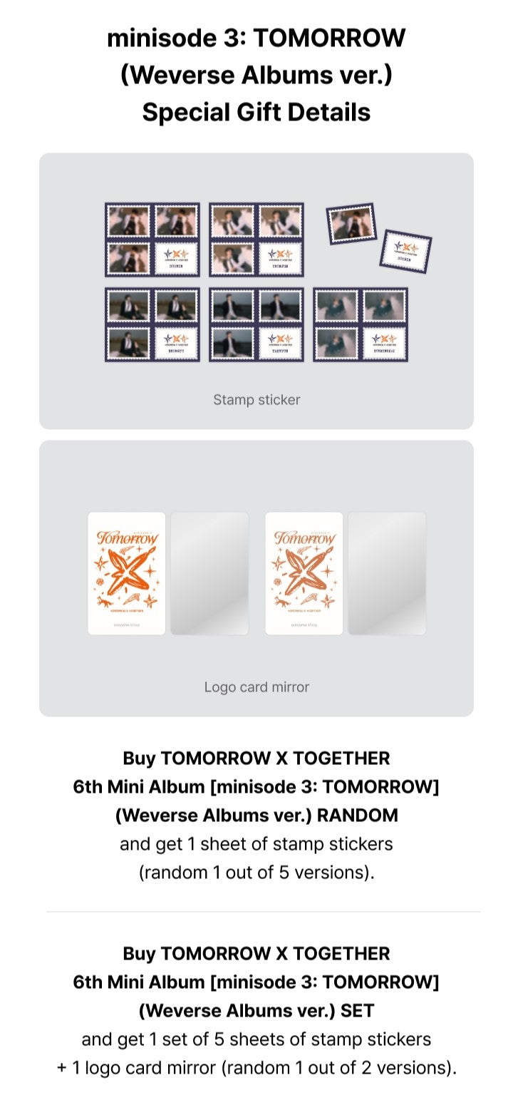TXT 6th Mini Album minisode 3: TOMORROW Weverse Albums Version Weverse Pre-order Benefits Stamp Sticker, Logo Card Mirror