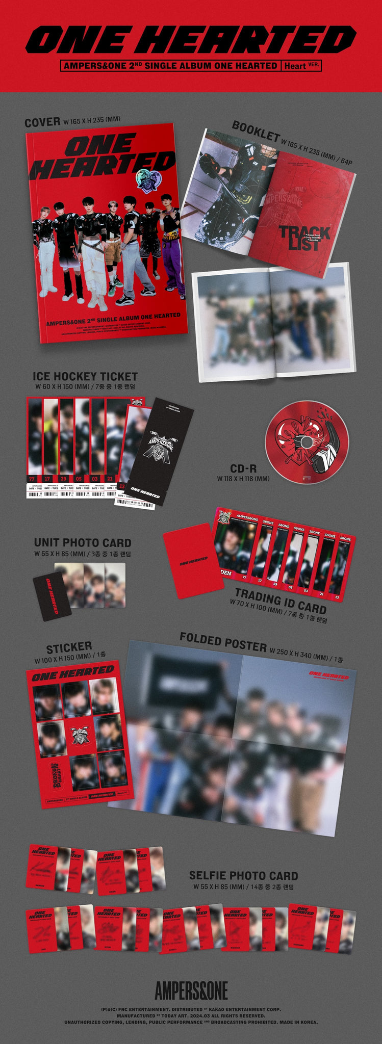 AMPERS&ONE 2nd Single Album ONE HEARTED - Heart Version Inclusions Cover, Photobook, CD, Ice Hockey Ticket, Unit Photocard, Trading ID Card, Sticker, Selfie Photocards, Folded Poster