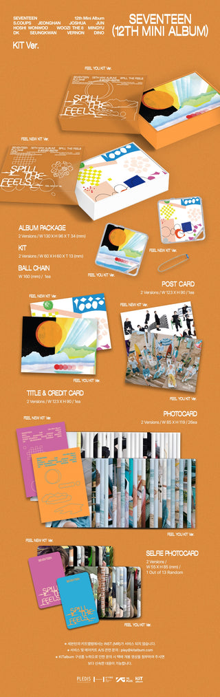 SEVENTEEN 12th Mini Album SPILL THE FEELS - KiT Version Inclusions: Album Package, AiR-KiT, Ball Chain, Title & Credit Card, Postcard, Photocard Set, Selfie Photocard