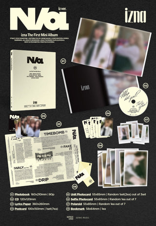 izna 1st Mini Album N/a - iz / na Version Inclusions: Photobook, CD & Envelope, Lyrics Paper, Postcard Set, Unit Photocard Set, Selfie Photocard, Polaroid, Bookmark (iz Ver. Only), Stickers (na Ver. Only)