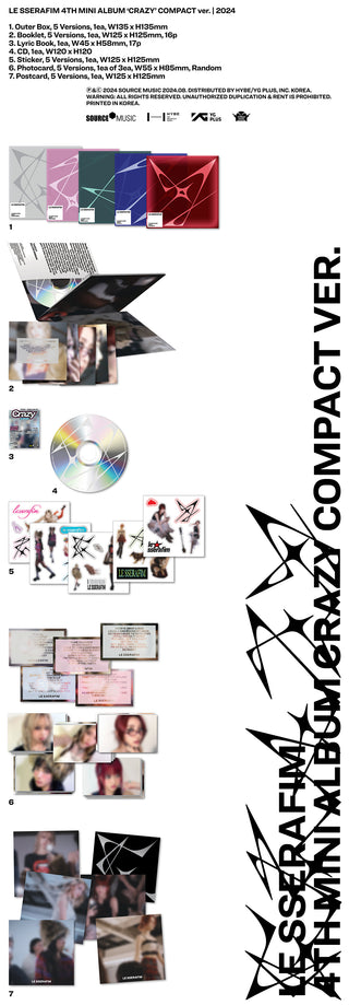 LE SSERAFIM 4th Mini Album CRAZY - COMPACT Version Inclusions: Outer Box, Booklet, CD, Lyric Book, Sticker, Photocard, Postcard