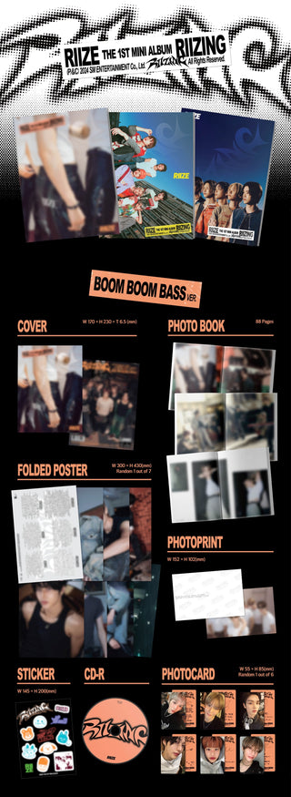 RIIZE 1st Mini Album RIIZING - BOOM BOOM BASS Version Inclusions: Cover, Photobook, CD, Stickers, Photo Print, Folded Poster, Photocard