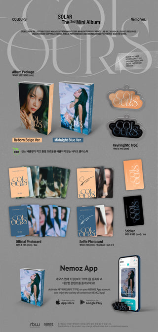 Solar 2nd Mini Album COLOURS (Nemo Album) Inclusions: Album Package, Keyring (NFC Type), Official Photocard Set, Selfie Photocard, Sticker, Digital Contents