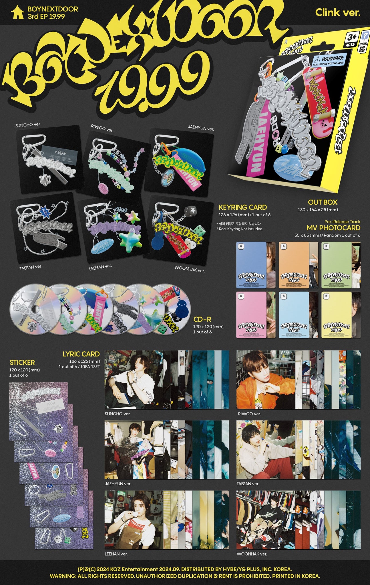 BOYNEXTDOOR 3rd EP Album 19.99 - Clink Version Inclusions: Out Box, Keyring Card, Sticker, CD, Lyric Card Set, MV Photocard