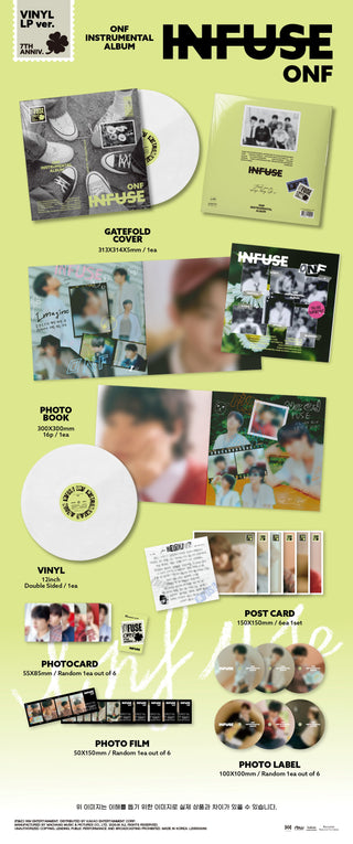 ONF Instrumental Album INFUSE - Vinyl LP Inclusions: Gatefold Cover, Photobook, Double-sided Vinyl LP, Postcard Set, Photocard, Photo Film, Photo Label