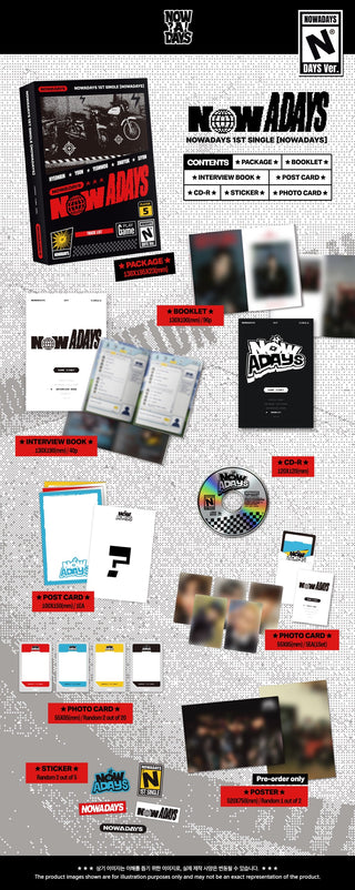 NOWADAYS 1st Single Album NOWADAYS - DAYS Version Inclusions Package, Photobook, Interview Book, CD, Postcard, Photocard Set, Photocards, Stickers, Pre-order Only Poster