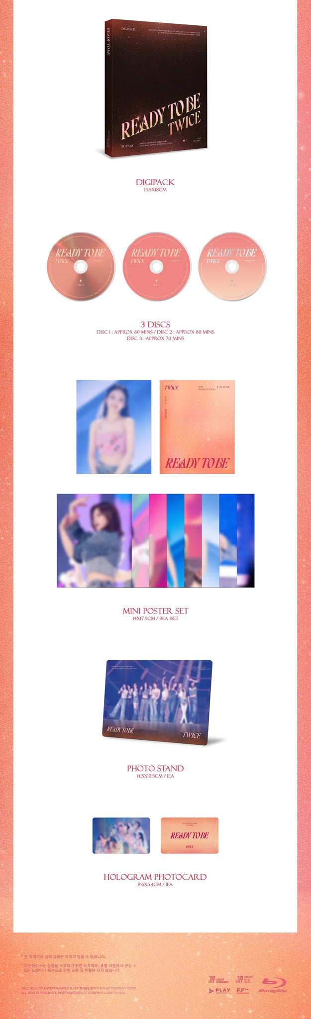 TWICE 5TH WORLD TOUR 'READY TO BE' IN SEOUL Blu-ray Inclusions: Digipack, 3 Discs, Mini Poster Set, Photo Stand, Hologram Photocard