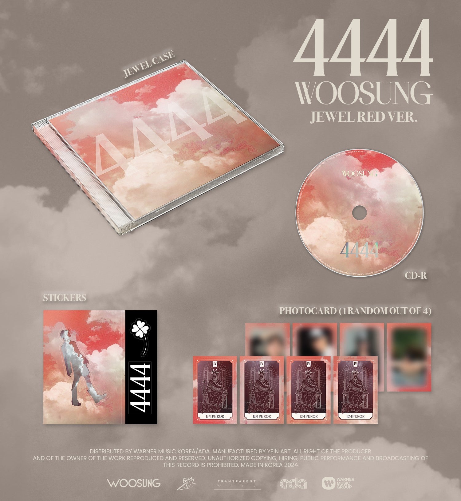 Woosung (The Rose) 2nd Full Album 4444 - Jewel Version Inclusions: Jewel Case, CD, Photocard, Stickers