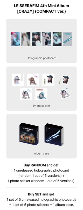 LE SSERAFIM 4th Mini Album CRAZY - COMPACT Version Weverse Pre-order Benefits: Holographic Photocard, Photo Sticker, Album Case