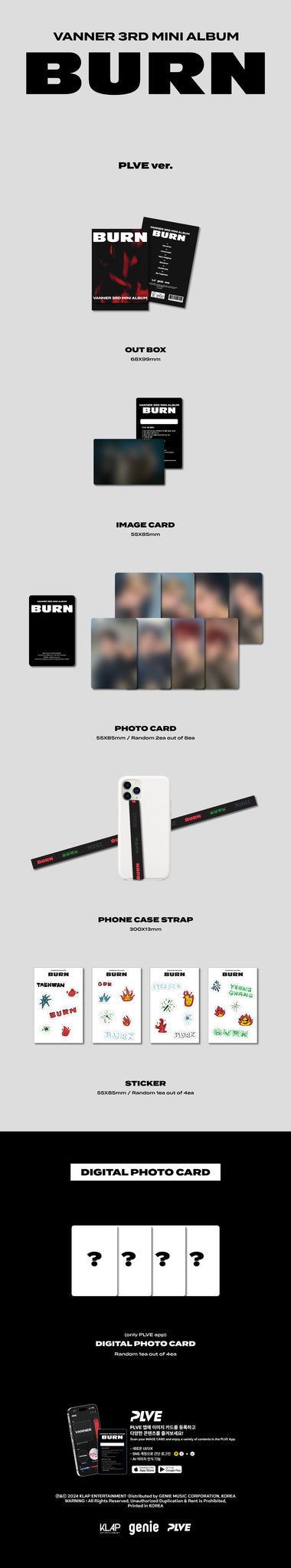 VANNER 3rd Mini Album BURN - PLVE Version Inclusions: Out Box, Image Card, Phone Case Strap, Photocards, Stickers, PLVE App Only Digital Photocard