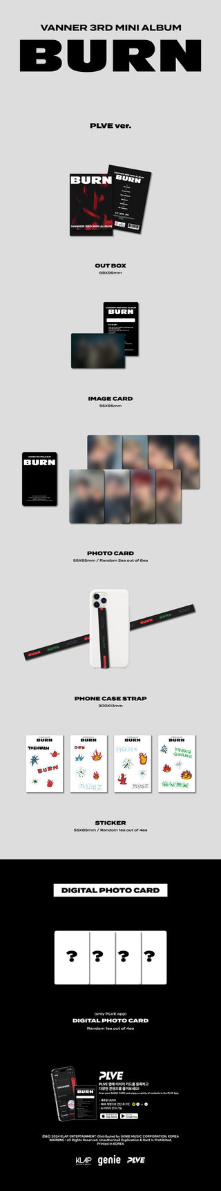 VANNER 3rd Mini Album BURN - PLVE Version Inclusions: Out Box, Image Card, Phone Case Strap, Photocards, Stickers, PLVE App Only Digital Photocard