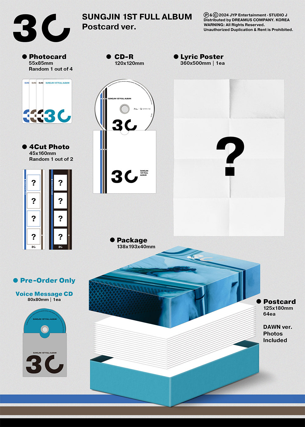 Sungjin (DAY6) 1st Full Album 30 - Postcard Version Inclusions: Package, Postcard Set, CD, Photocard, 4Cut Photo, Lyric Poster, Pre-order Only Voice Message CD